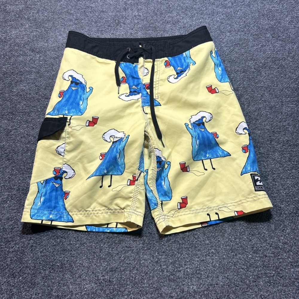 Billabong Board Shorts Men 28 Yellow Blue Wave Print Drawstring Surf Swim Trunks